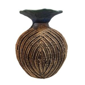 Vintage Art Studio Sgraffito Vase Blue Glaze 1980-1999